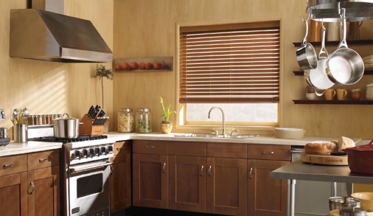 Dover kitchen faux wood blinds.